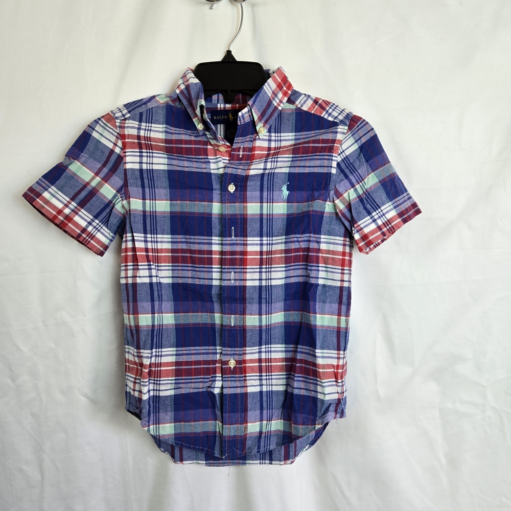 Ralph Lauren Boy Blue Red Plaid Short Sleeve Preppy Button Up School Shirt Small